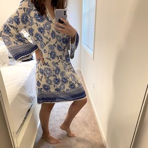 Blue and white knee length dress